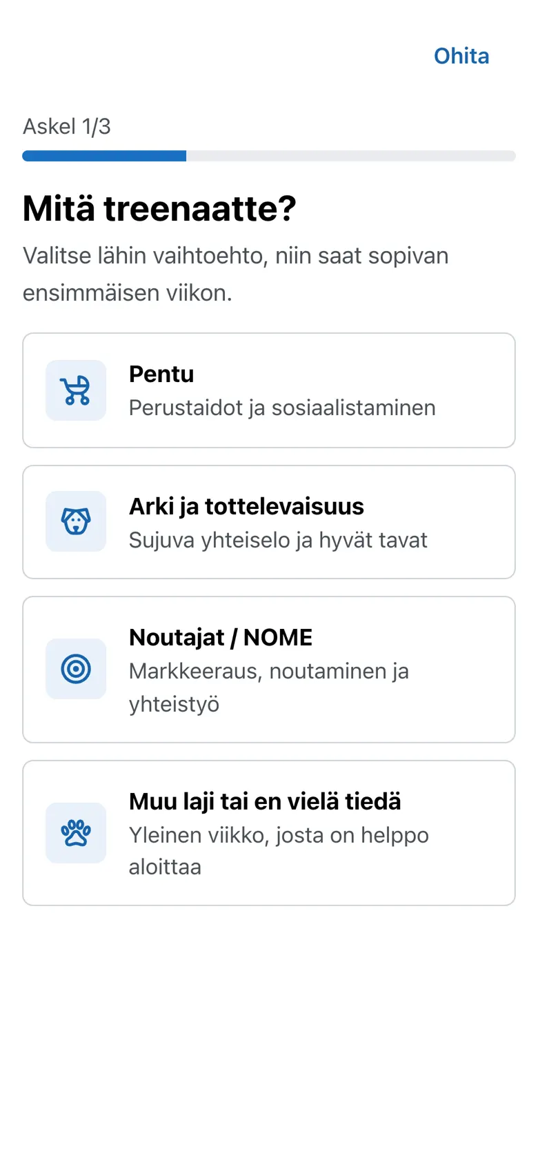 Aloituspolun ensimmäinen askel: Mitä treenaatte? Vaihtoehdot pentu, arki ja tottelevaisuus, noutajat / NOME sekä muu laji