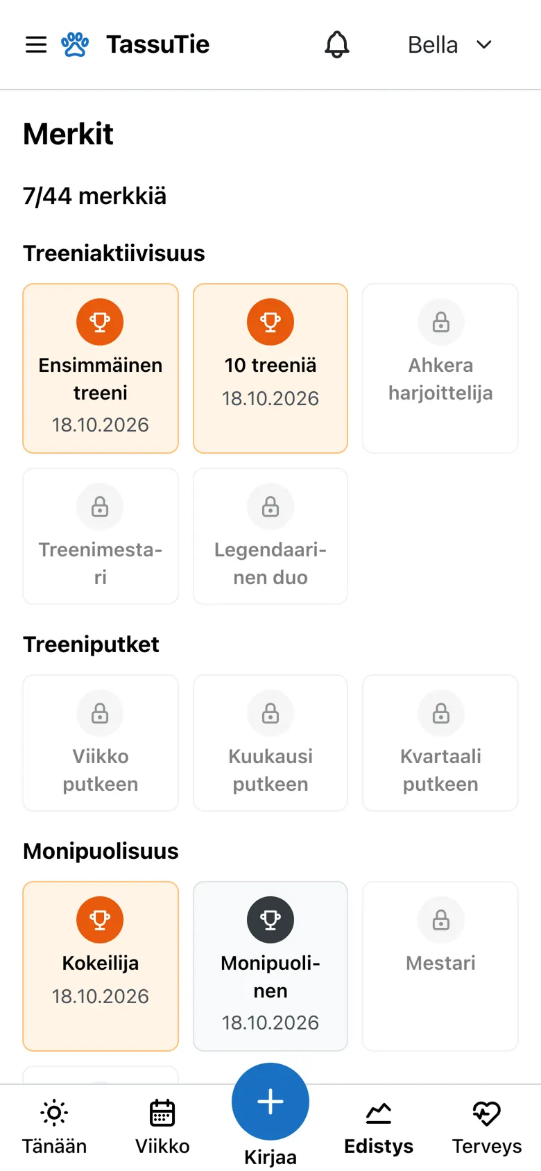 Merkit-näkymä: ansaitut merkit kuten Ensimmäinen treeni, 10 treeniä ja Kokeilija