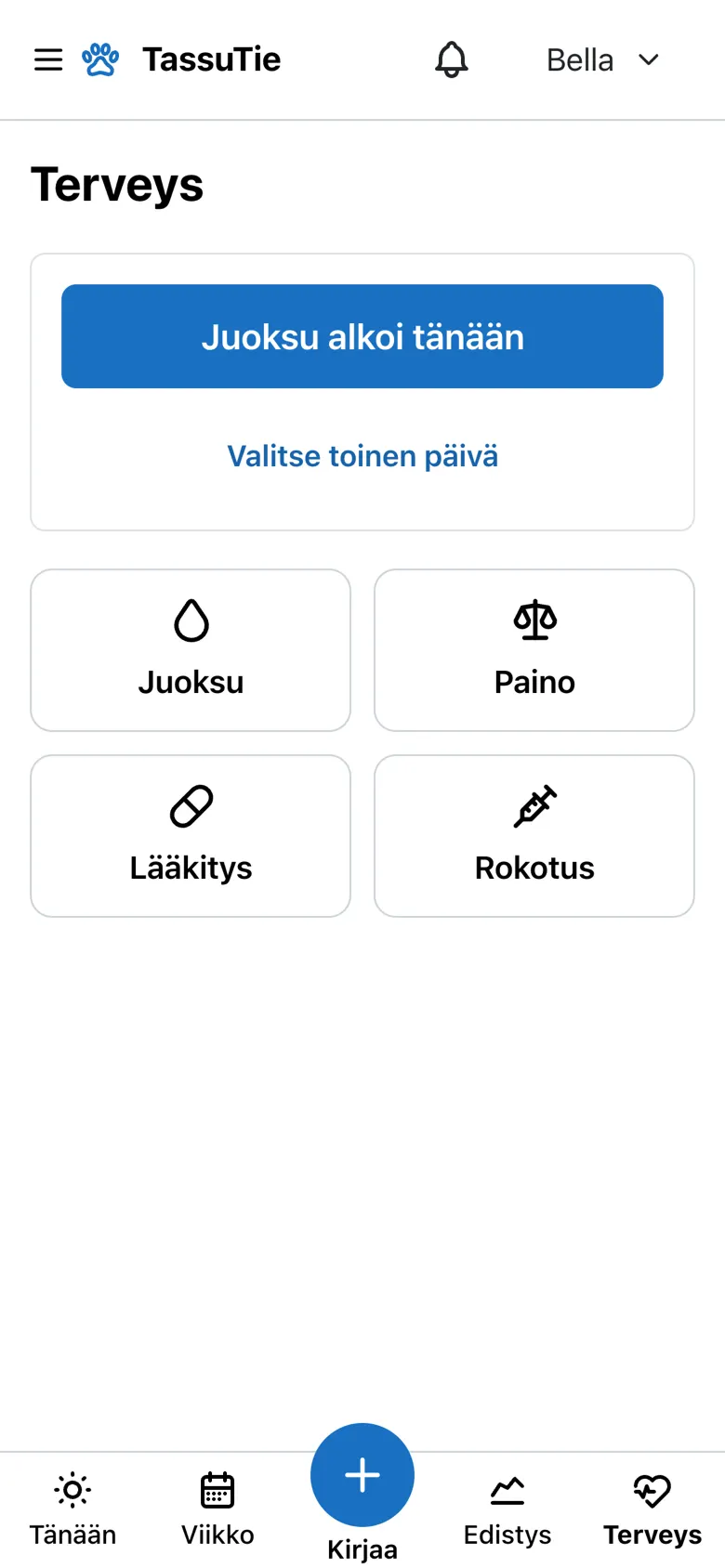 Terveys-näkymä: juoksun alkamisen kirjaus sekä painikkeet juoksulle, painolle, lääkitykselle ja rokotukselle