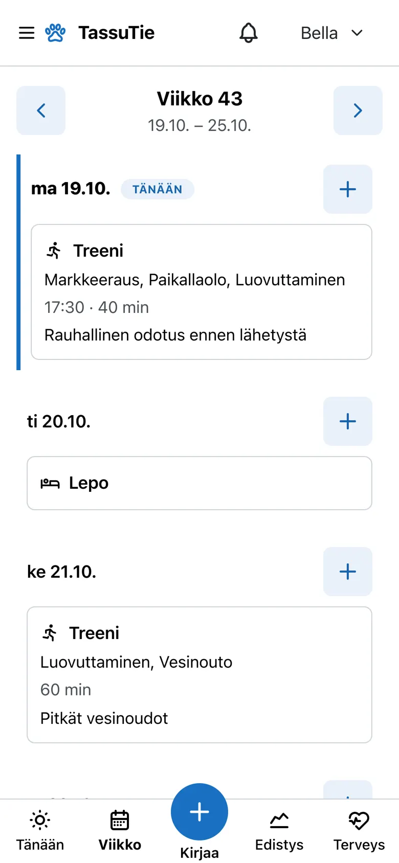 Viikkonäkymä: maanantaina markkeeraus, paikallaolo ja luovuttaminen klo 17.30, tiistaina lepo, keskiviikkona vesinoudot