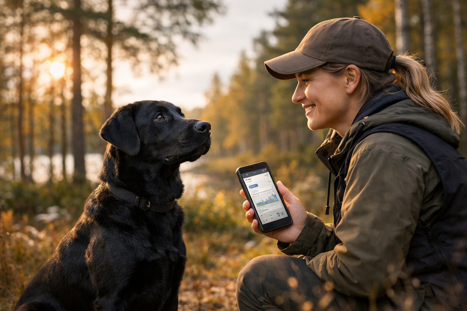 Koiranomistaja kirjaa harjoituksen puhelimella metsässä labradorin kanssa